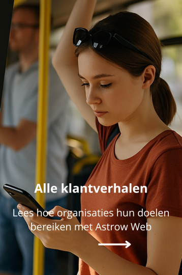 Afbeelding van een vrouw met de tekst 'alle klantverhalen', met een moderne en professionele uitstraling.
